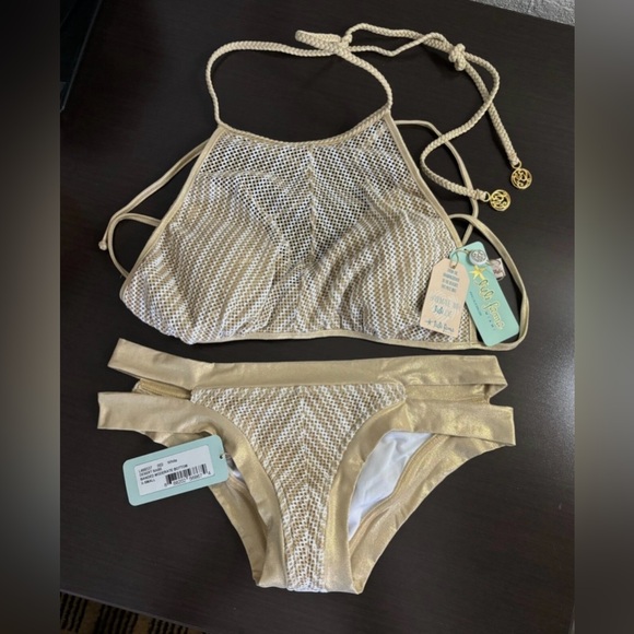 Luli Fama Desert Babe High Neck Illusion Halter Gold Bikini Top Size S Bottom XS - Picture 1 of 8